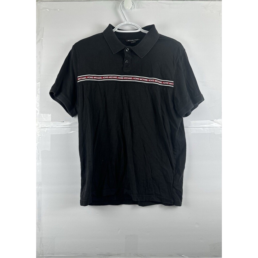 Michael Kors Polo Shirt Mens Medium Black Red Logo Tape Stripe Spellout Cotton